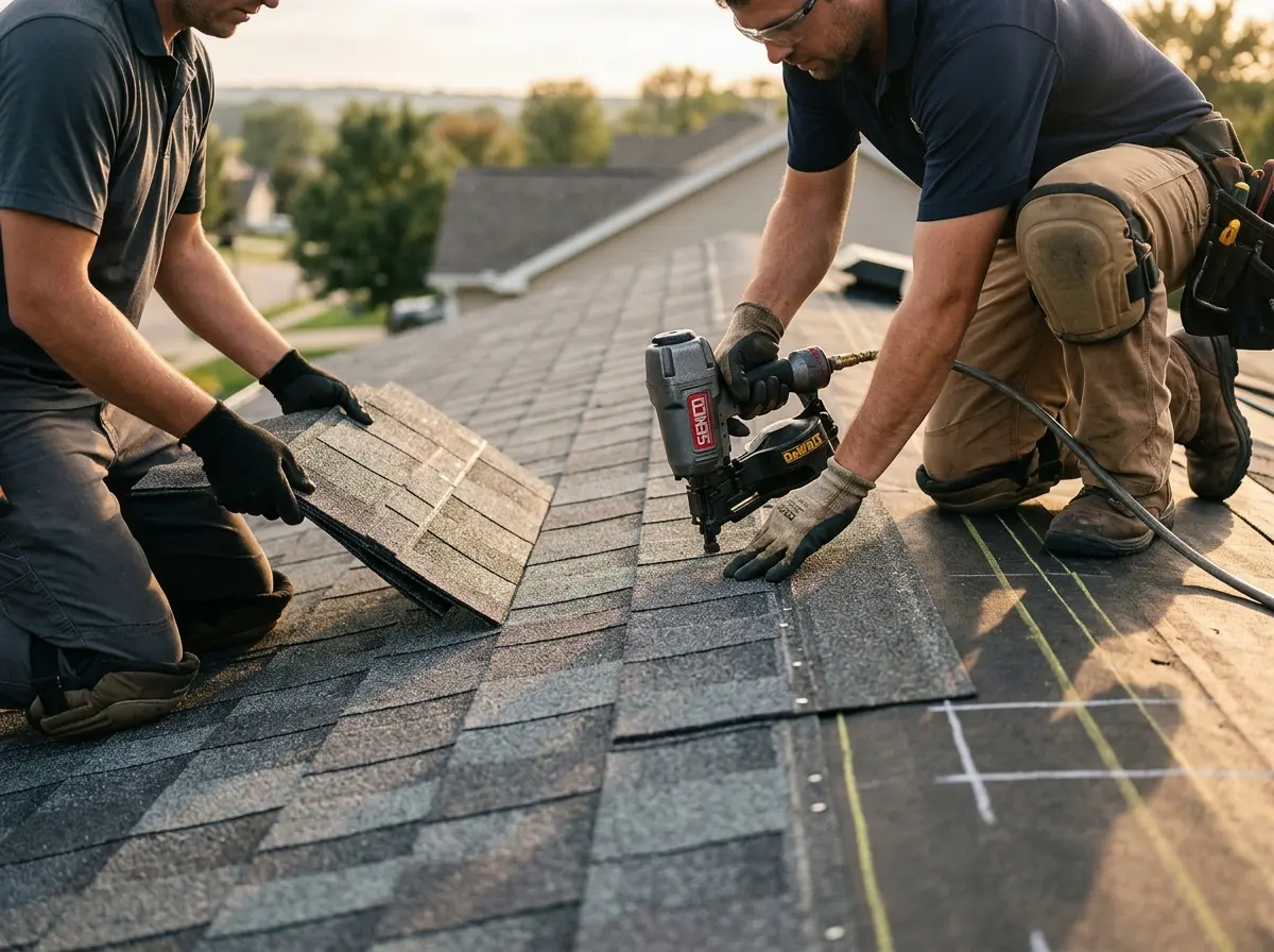 Professional roofer working on a residential roof in Eau Claire